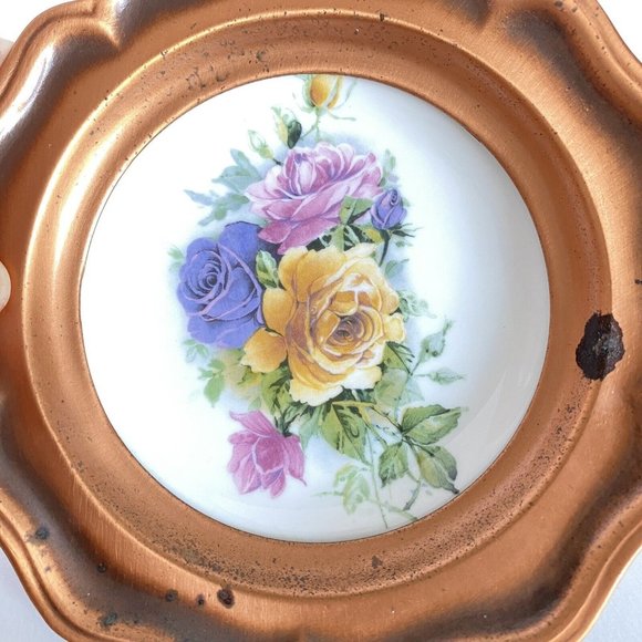 ALBERT GILLES Roses Ceramic Plate With Solid Copper Hanging Plate Rim Canada - Picture 1 of 7